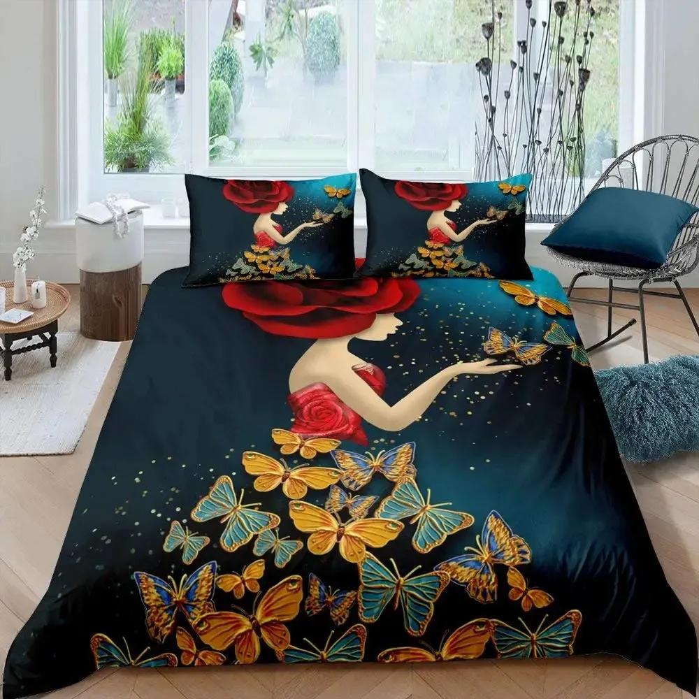 Romantic Style Duvet Cover Set Fairy Girl Bedding Set,Girls Women Couple Flying Butterflies Decor Fantasy Pink Comforter Cover
