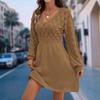 New V-neck beach dress, scale pattern three-dimensional crocheted A-shaped dress, long-sleeved dress.