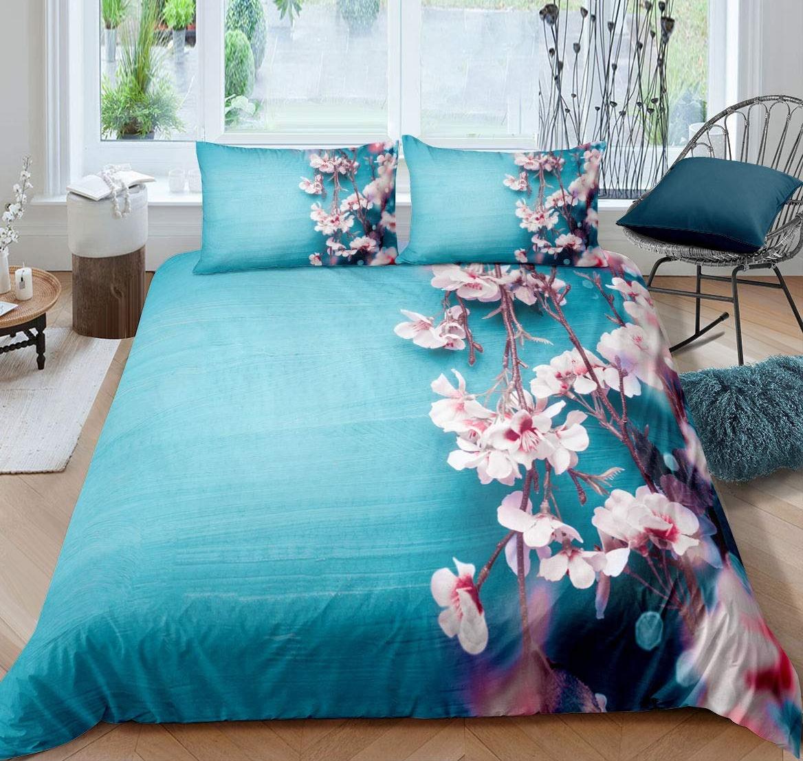 

Spring Floral Duvet Cover Set King Size Pink Cherry Blossom Bedding Set Japanese Floral Quilt Cover Soft And Comfortable 3 Pcs EU Single(135x200cm)