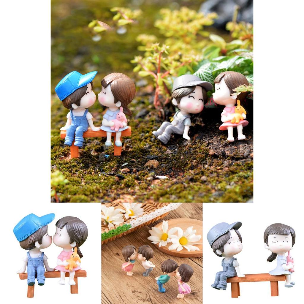 Charming Bench Couple Kissing Dolls Set For Exquisite Miniature Garden Decor