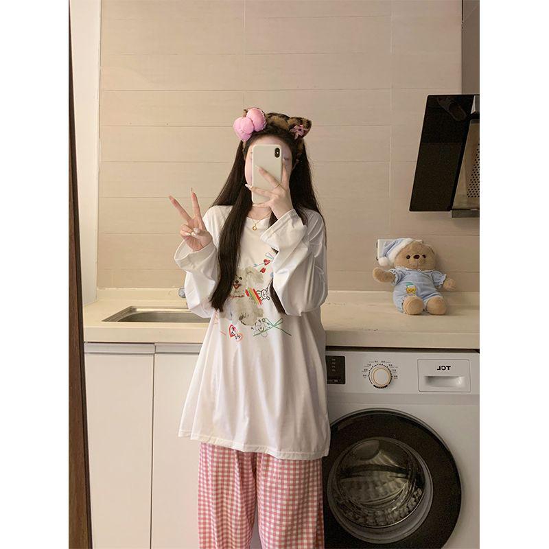Women's Cartoon Style Autumn Pajamas Set - Long Sleeve, Long Pants, Wearable Outdoors, Imitation Cotton and Pure Cotton Fabric