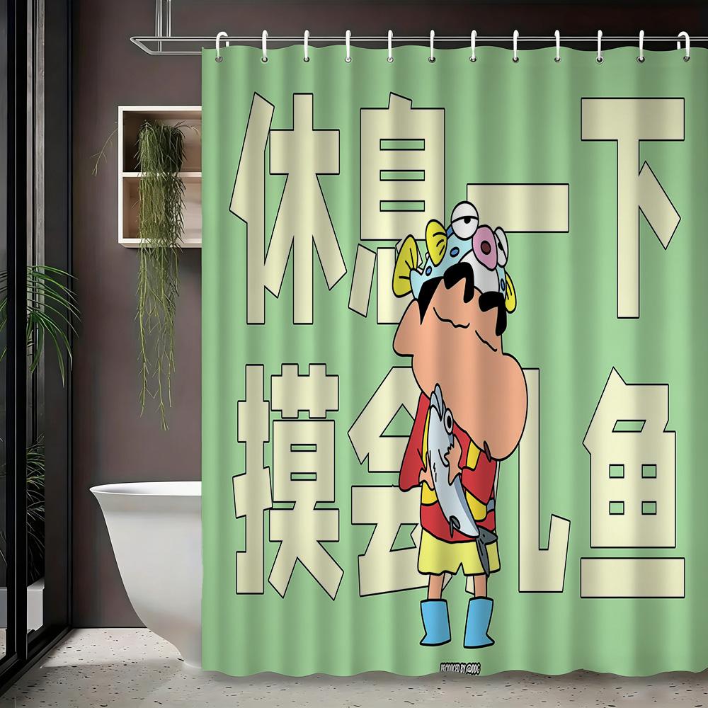 Crayon Shin-Chan & Friends Adventure On Rocks 2D Print Waterproof Shower Curtain, Blue Night Anime Bathroom Decor With Hooks