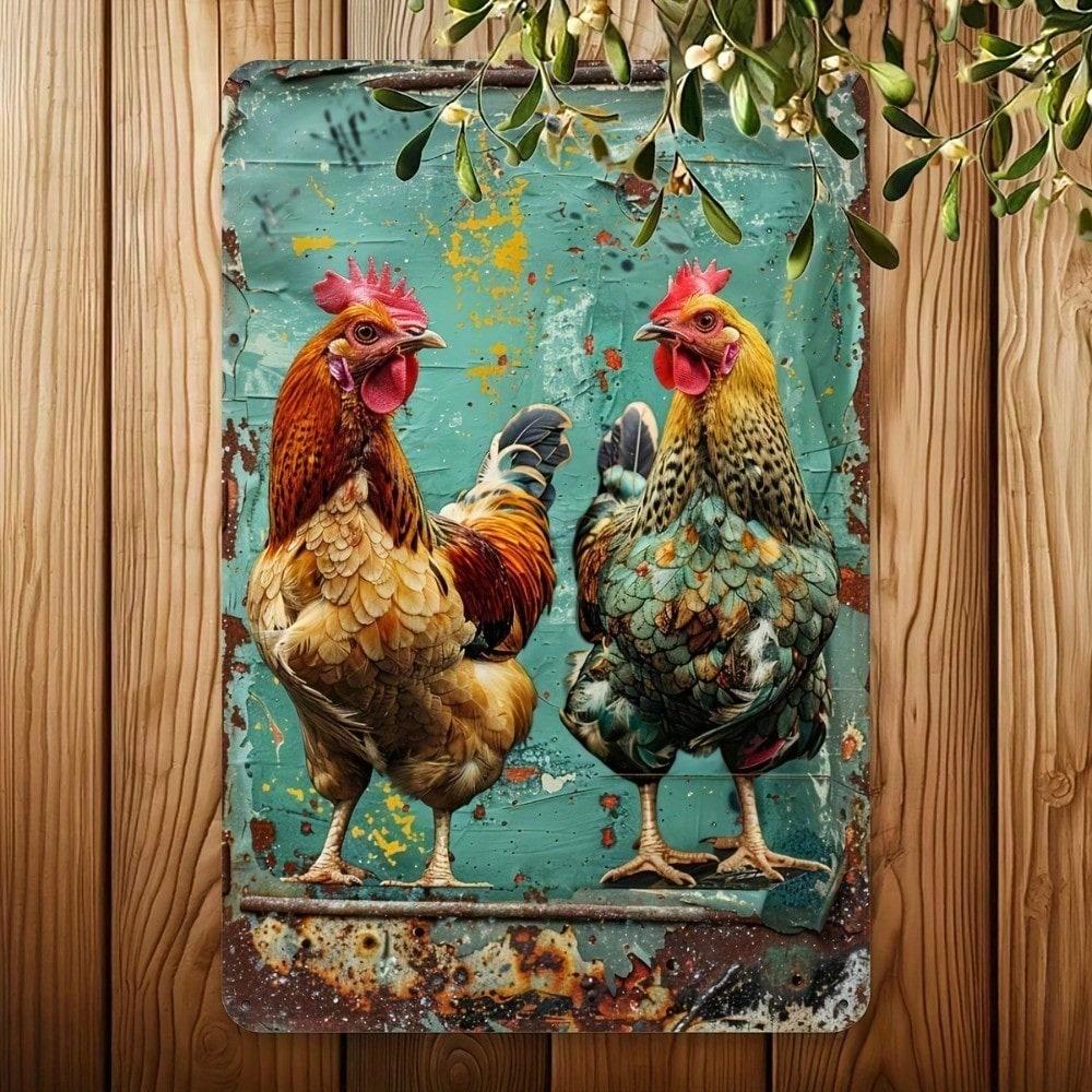 Vintage Chicken Metal Tin Sign 8x12 Inch, Rustic Rooster & Hen Wall Art, Teal Farmhouse Decor for Home Office Cafe