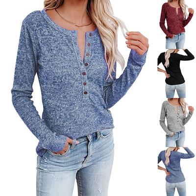 Women Autumn Winter Round Neck Pullover Solid Color Long Sleeve Chest Button Casual T-shirt Blouse Top