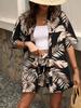 2025 Cross-Border Hot-Selling Elegant Vacation Print Two-Piece Set: Short Sleeve Shirt & High-Waist Tie Shorts