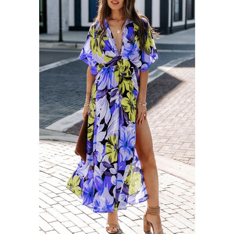 Summer European and American Women's New Sexy High-waisted Fashion Print Slit Dress Women Long Dress Casual Dress