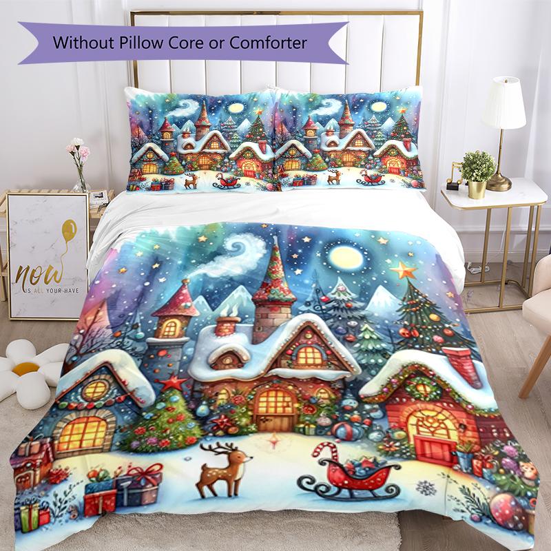 3pcs Christmas Street Bedding Set Duvet Cover Closure Includes 1 Duvet Cover & 2 Pillowcases, Soft and Comfortable for All Seasons.