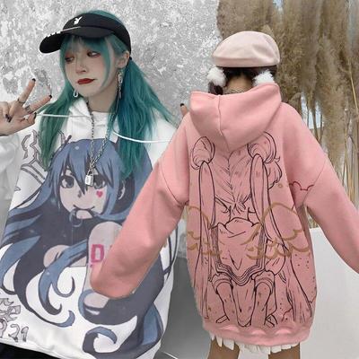 Streetwear Kawaii Mikina s kapucí pro ženy Zimní Vintage Oversize mikina Potištěná Růžová Ženy Sametová Anime Mikina s kapucí Dámské zateplené topy