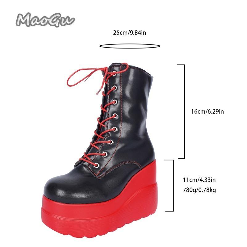 Fashion Color Blocked Side Zip Wedge Heel Mid-Calf Boots 2025 Thick Sole Punk Gothic Boots for Women Front Lace Up Platform Shoes Botas