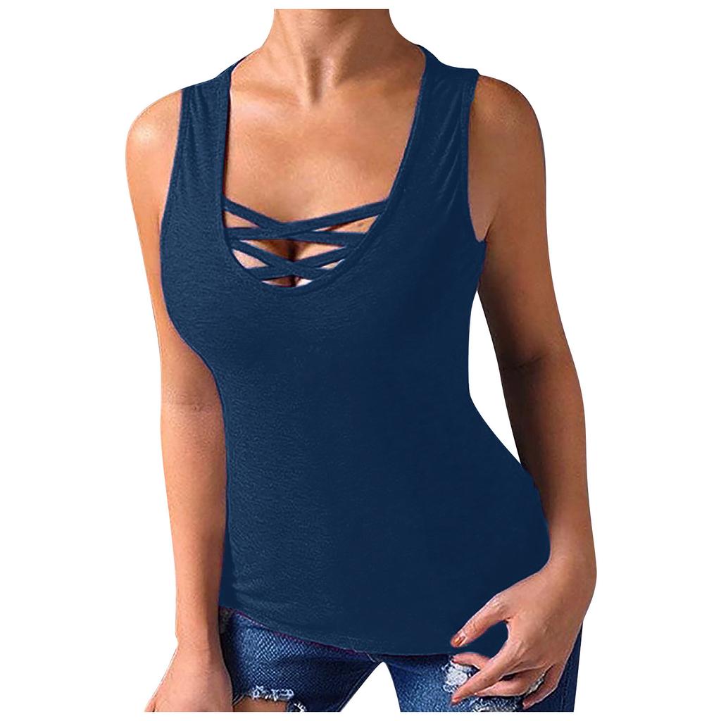 Womens Cross Bare Chest Sleeveless Summer Tops Color Block Side Split Shirts