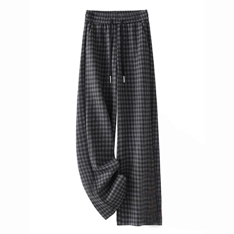 Women's 2024 Winter Wool Plaid Fleece-Lined Elastic Waist Wide-Leg Pants