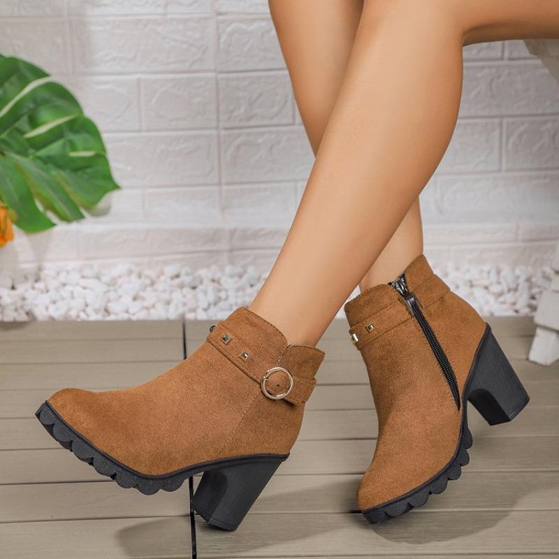 Short Thigh Boots Winter New Round Toe Side Zip Rivet Metal Buckle Platform Anti-Slip Wear-Resistant High Heels