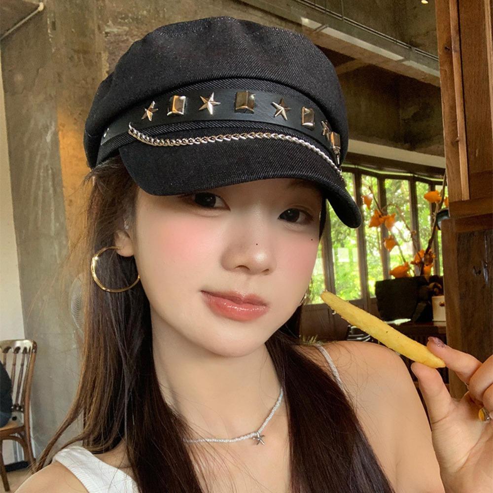 Cloth Denim Octagonal Hat Korean Style Retro Painter Hat Fashion Rivet Denim Beret  Travel