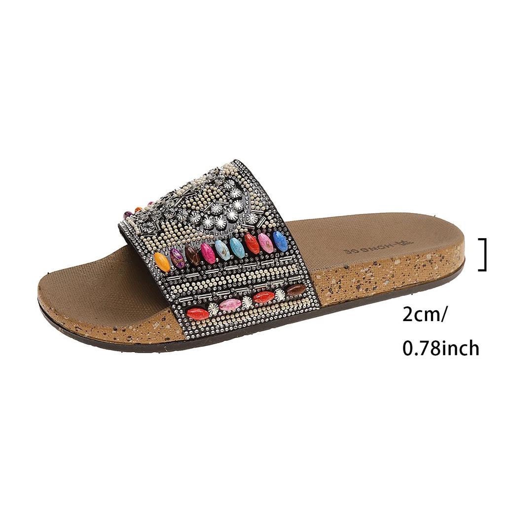 Fashion Ethnic Style Colorful Beaded Flat Slippers for Women 2025 Summer Beach Vacation Sandals Woman Plus Size Non Slip Outdoor Slides