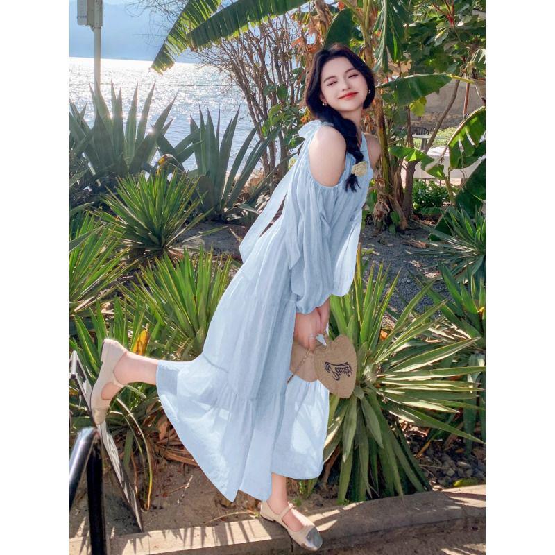 2026 Women's Sweet French-Style Off-the-Shoulder Beach Dress - Seaside Summer Elegance