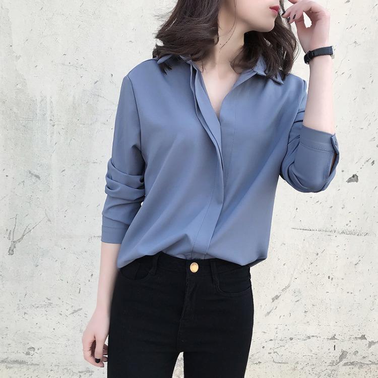 Shirt women's long sleeves 1116 new Korean version women's clothing temperament simple V-neck chiffon shirt solid color versatile top