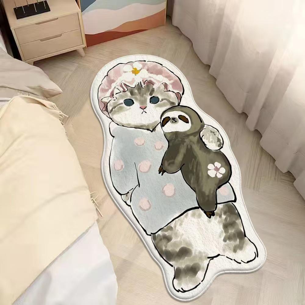 2pcs Cartoon Cute Cat Imitation Cashmere Bedroom Carpet Special-shaped Bedside Carpet Floor Mat