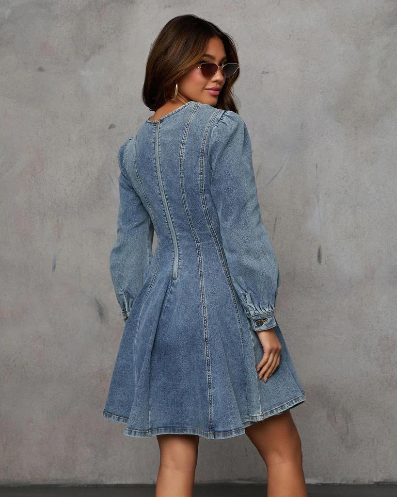 Elegant Autumn Patchwork Waist-Cinching Denim Dress - Long-Sleeved for Women