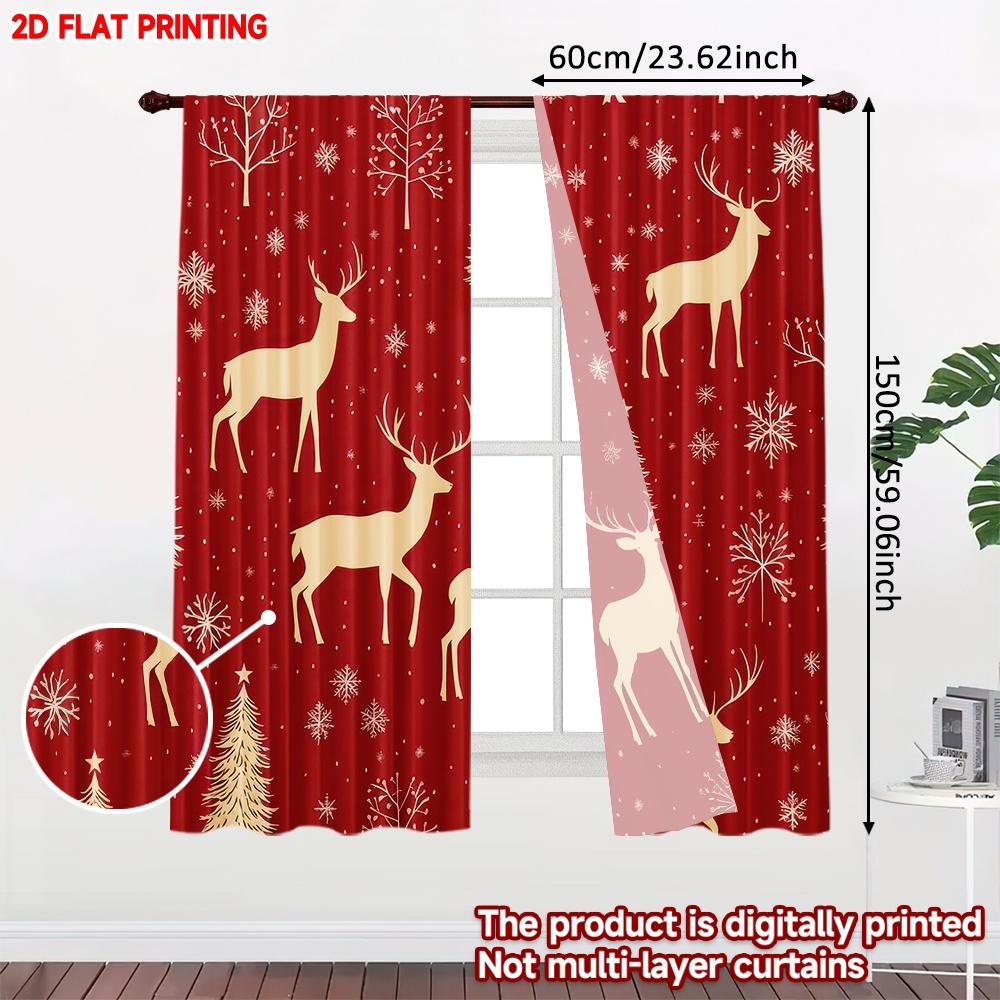 Flat Printing Happy Christmas Party Curtains Reindeer Snowflakes Digital Printed Polyester Drapes Durable Curtain Set Of 2 Made Washable
