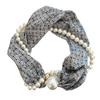 Magnetic Clasp Pearls Chain Necklace Floral Satins Scarf Elegant Silk Skinny Narrow Neckerchief for Fashionable Women