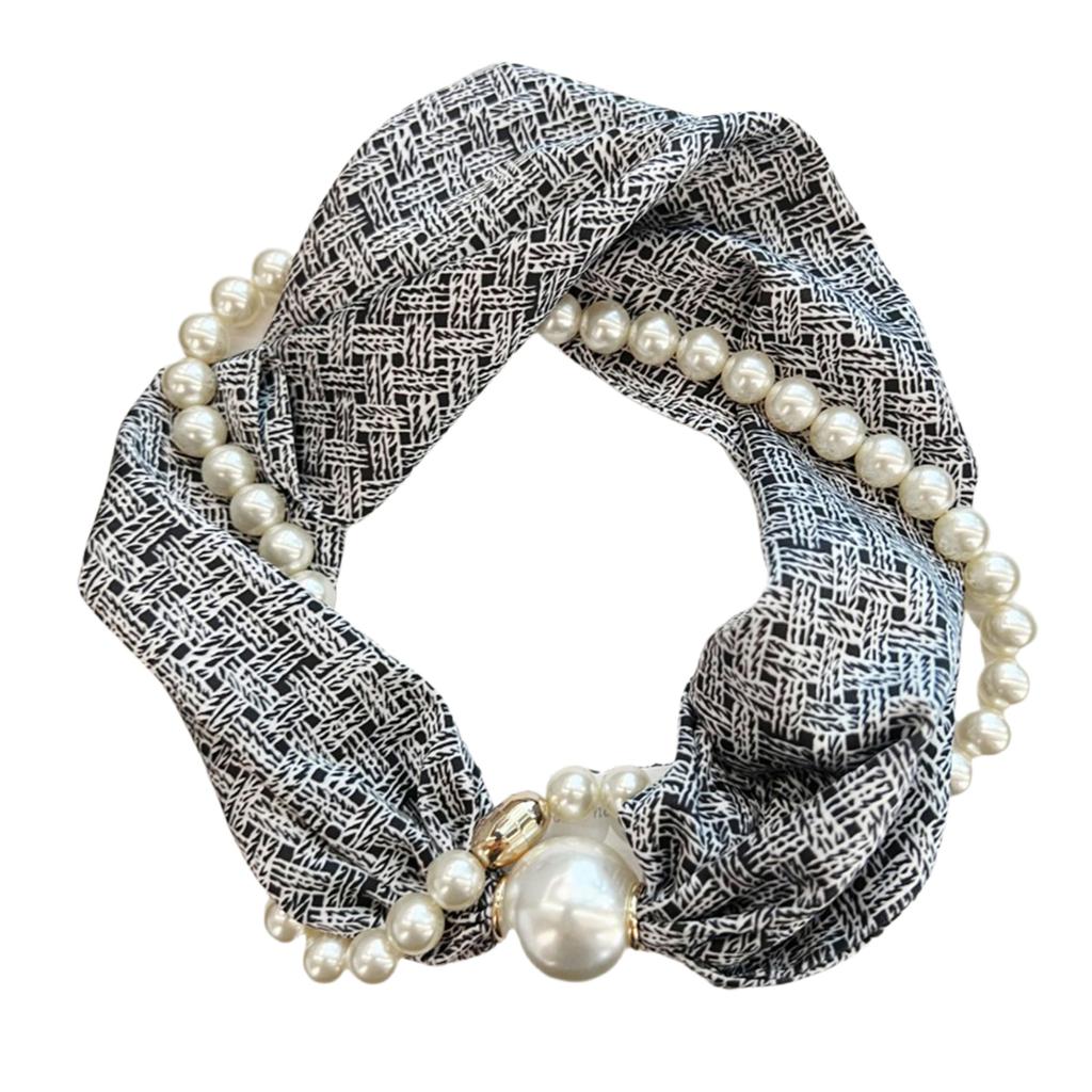 Magnetic Clasp Pearls Chain Necklace Floral Satins Scarf Elegant Silk Skinny Narrow Neckerchief for Fashionable Women