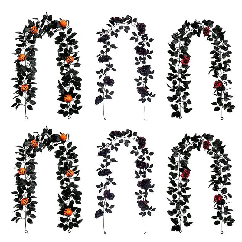 Halloween Black Pumpkin Rose & Maple Leaf Vine for Thanksgiving & Outdoor Decor