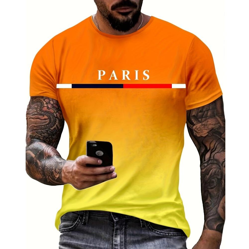 Fashion T-shirt For Men Gradient Color Paris Graphic 3D Printed T-shirts Casual Short sleeved Tees Oversized Men's Clothing Tops
