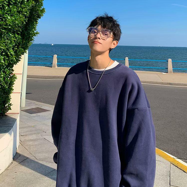 2024 Men’s Hong Kong-Style Solid Color Sweatshirt – Spring/Autumn, Loose Fit, Large Size, Round Neck, Trendy Korean Couple's Top