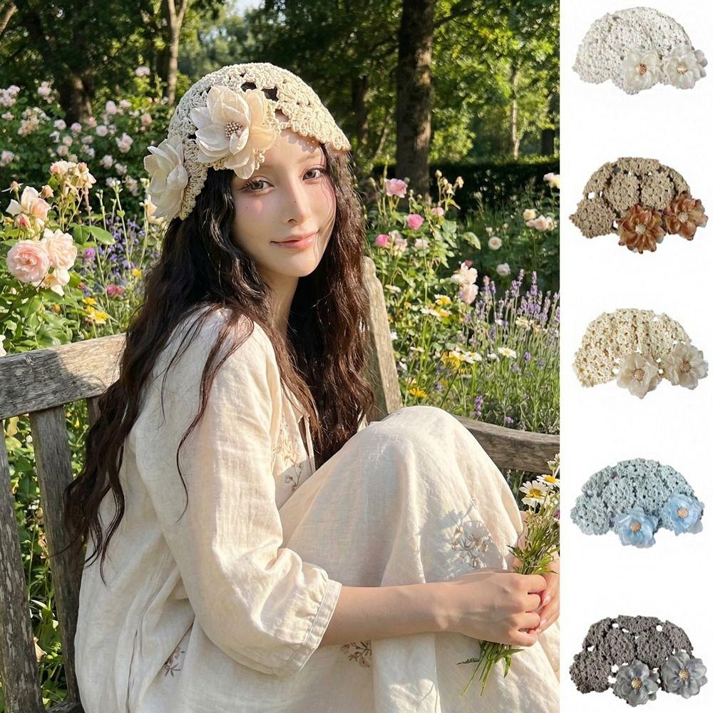 Retro Pearl Hollowed Out Knitted Hat Floral Thin Bohemian Style Beanies Korean Elegant Weave Cap Outdoor
