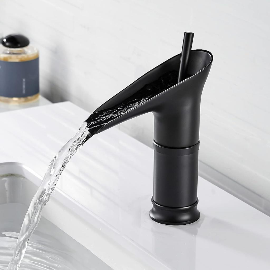 Bathroom Waterfall Basin Mixer Tap Black Brass Single Lever Washbasin Mixer Tap Bathroom Wash Basin Tap for Hot and Cold Water