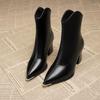 New Winter Lined Warm Ankle Boots Women Fashion Pointed Toe Chunky Heel Booties, Back Zipper Comfortable Short Boots