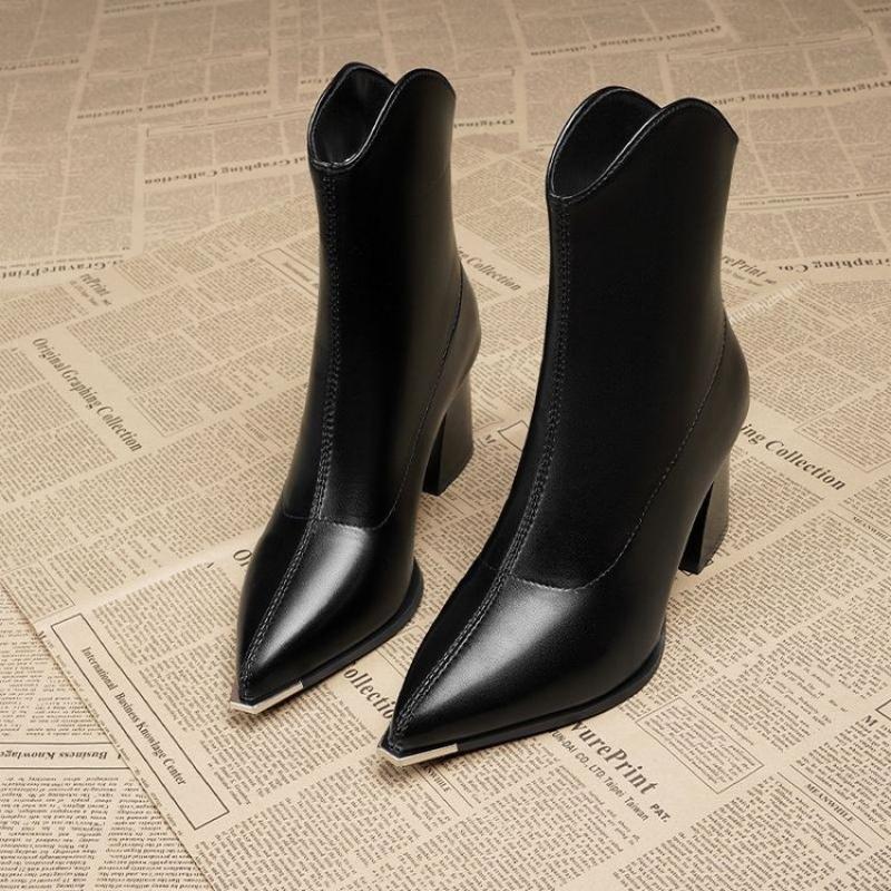 New Winter Lined Warm Ankle Boots Women Fashion Pointed Toe Chunky Heel Booties, Back Zipper Comfortable Short Boots