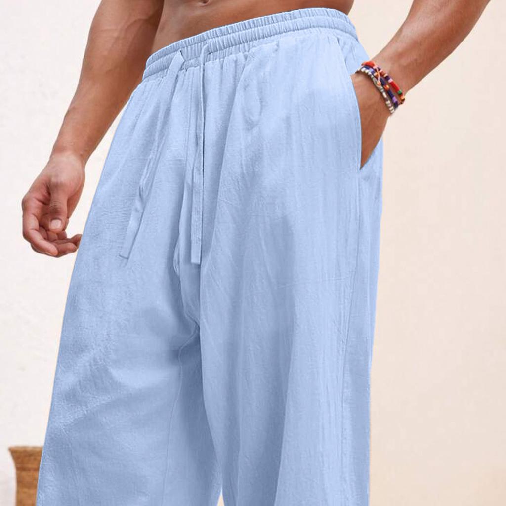 European and American Men's Linen Straight Loose Pants Solid Color Casual Lace-up Wide-leg Beach Pants