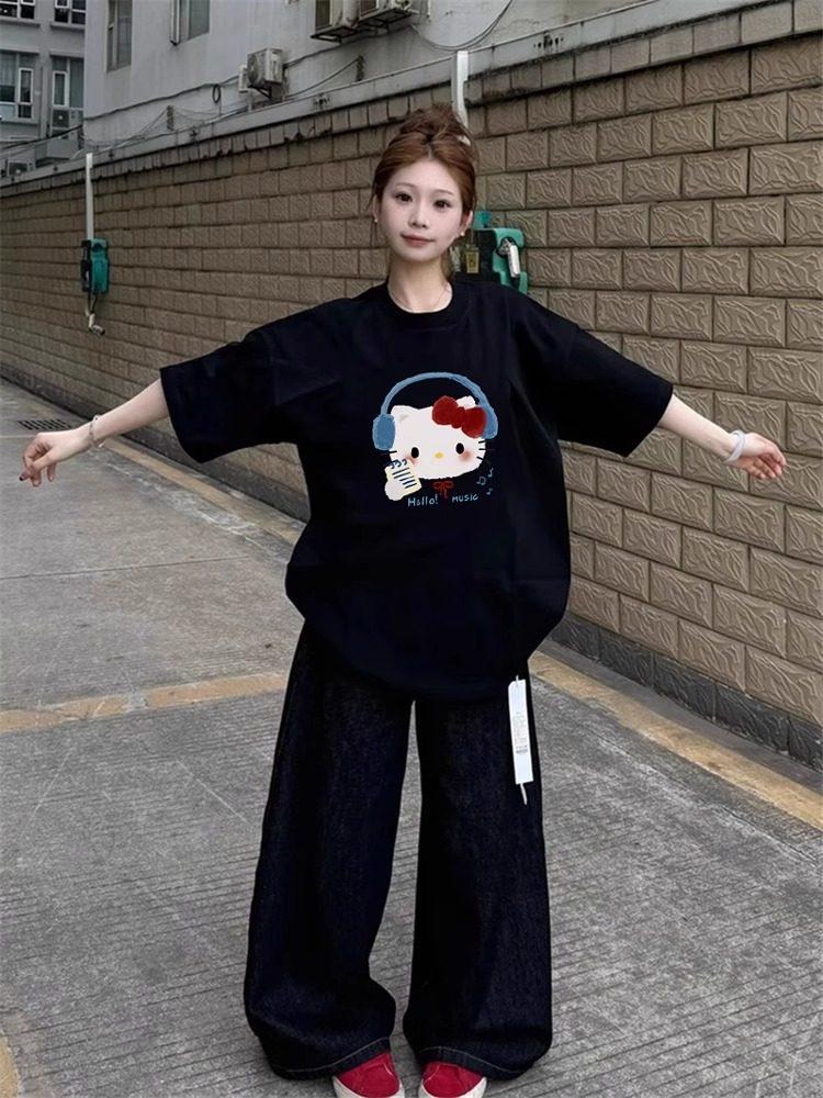 Women's Black Pure Cotton Loose-Fit Short-Sleeve T-Shirt - High Street Trend, Summer 2026, Plus Size 300 Jin