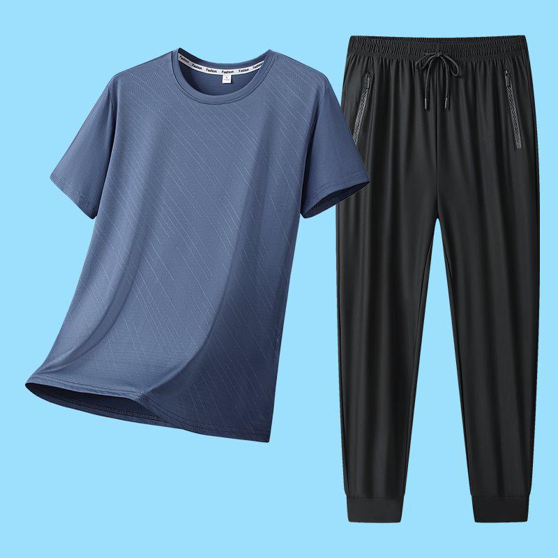 2026 Men s Summer Ice Silk Casual Round Neck Short Sleeve & Long Pants Set 3XL