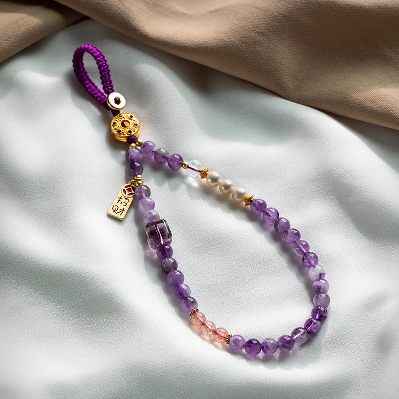 

Amethyst wrist phone chain for women, beaded phone pendant, exquisite accessory, short style, high-end feel phone strap Amethyst keychain-Wealth-