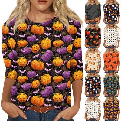 Women's Fashionable Casual Three-Quarter Sleeve Halloween Print Round Neck Top