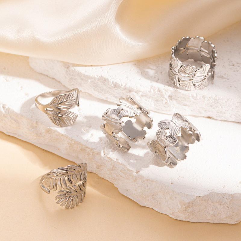 Retro Titanium Steel Irregular Leaf Butterfly Open Ring for Women