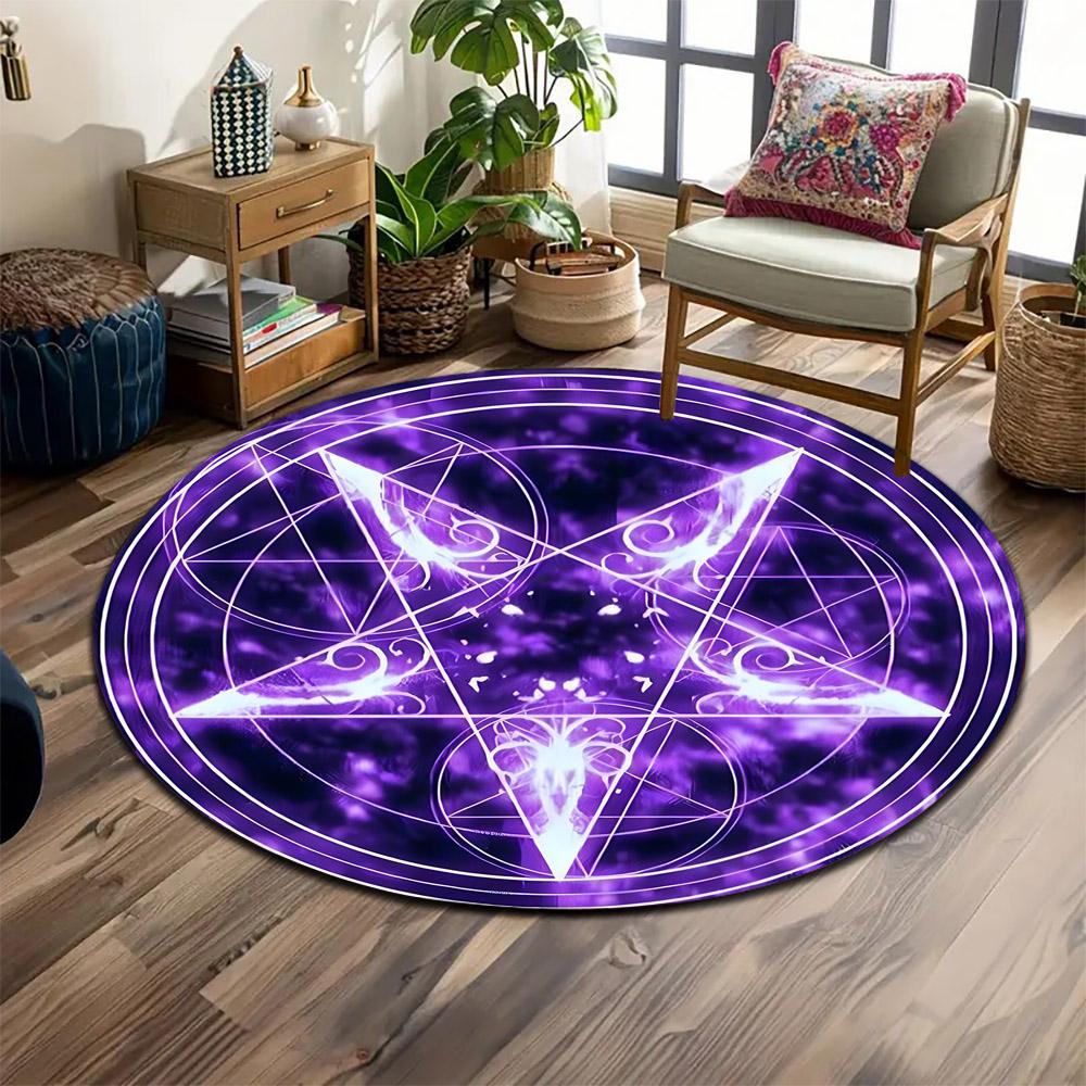Purple Pentagram Magic Circle Design Print round rug, living room, bedroom, playroom carpet, non slip floor mat, gift
