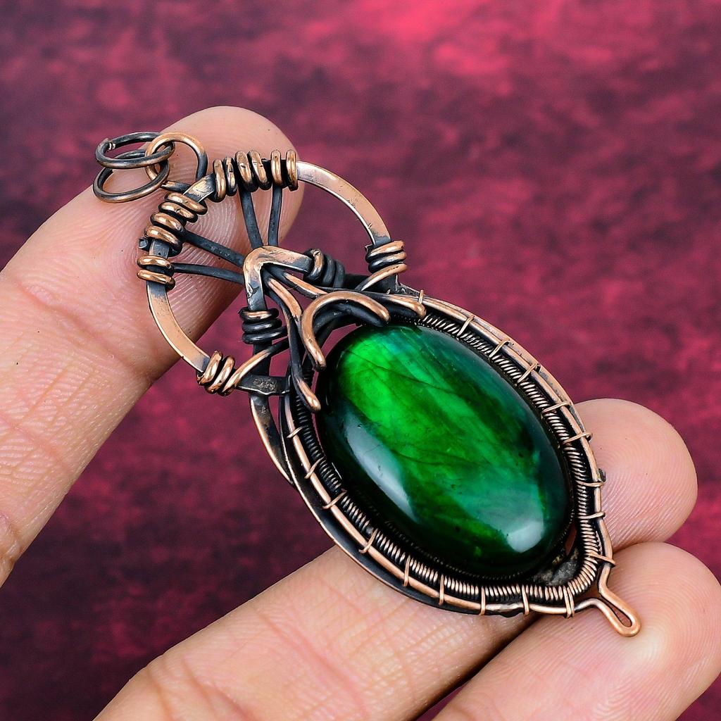 Green Fire Labradorite Pendant Copper Wire Wrapped Pendant Gemstone Wire Jewelry