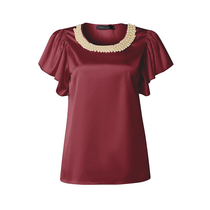 ZANZEA Women Pearl Splice Round Neck Casual Short Sleeve Satin Blouse