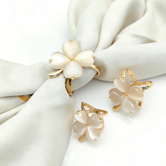 Anello Fermascarpe Quadrifoglio Anello Portascarpe Elegante con Pietra Occhio di Gatto Artificiale per Sciarpe, Foulard, Camicie da Donna