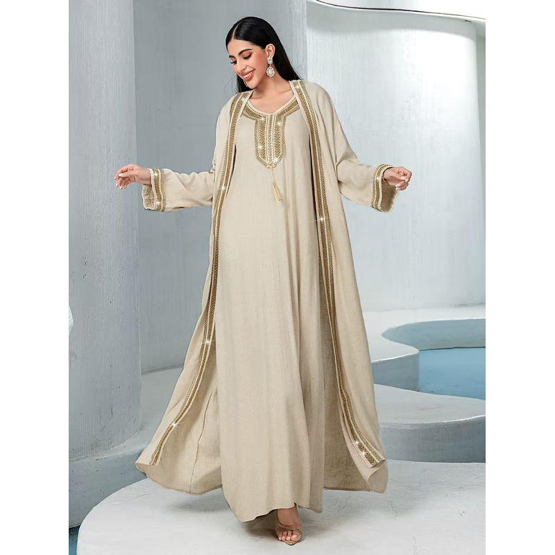 New Middle East Dubai Robe Long sleeve dress Two-piece Set Long Sleeved Dress Cloak Set