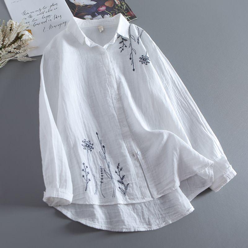 

Artistic Retro Embroidery Cotton Yarn Lapel Shirt for Women Loose All-Match Soft Plaid Stylish Shirt Cardigan Tide White One size