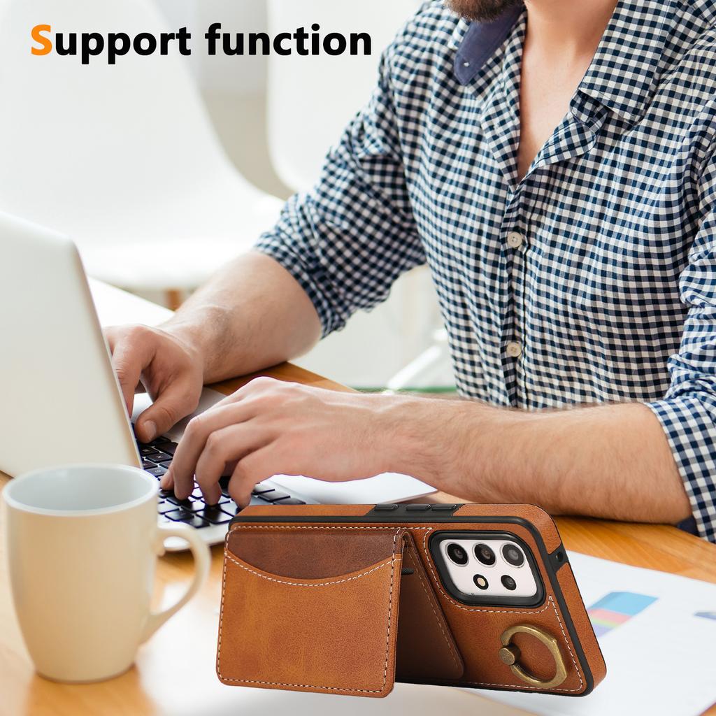 For Samsung Galaxy A53 5G PU Leather Back Case Card Holder Kickstand Phone Cover with Wrist Strap