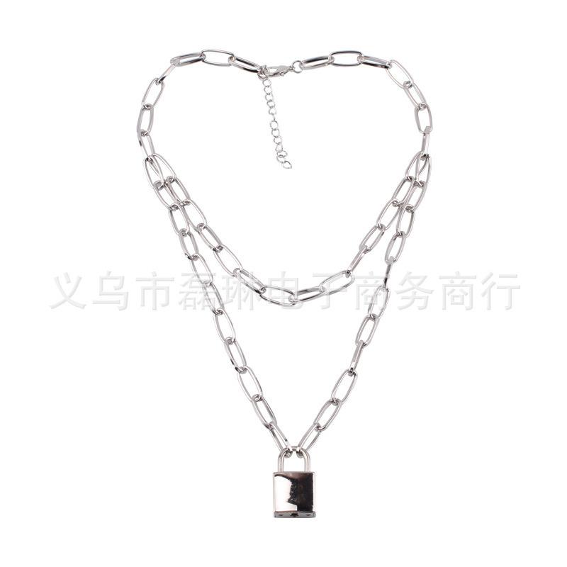 European and American personalized punk hip-hop jewelry, lock-shaped double-layer thick chain versatile sweater chain, geometric retro necklace