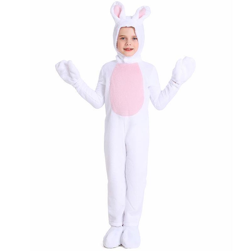Kids Boys Girls Velvet Rabbit Animal Hooded Jumpsuit Halloween Cosplay Costumes School Stage Drama Show Performance Role Play Outfits