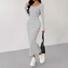2026 Spring Fashion White Stripe Long Sleeve Sexy Square Colla Maxi Dress for Women Casual Skinny Straight Elastic Knit Dresses
