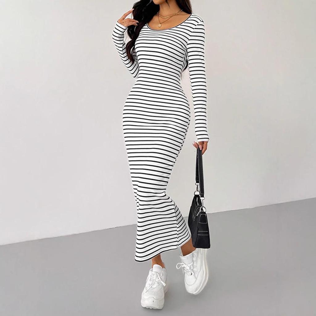2026 Spring Fashion White Stripe Long Sleeve Sexy Square Colla Maxi Dress for Women Casual Skinny Straight Elastic Knit Dresses