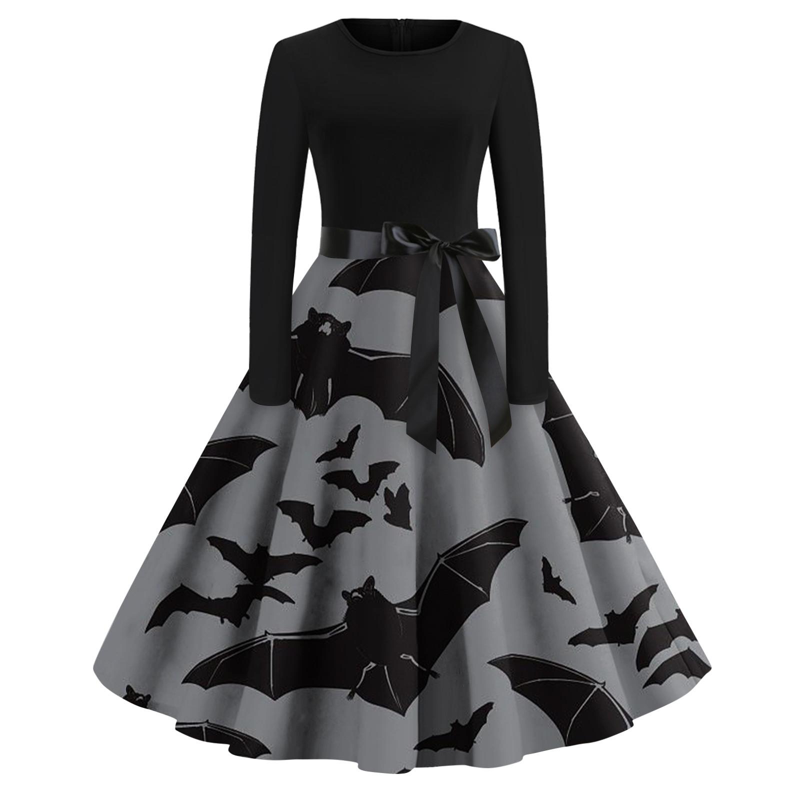 Women s Halloween Print Flare Dress For Women Long Sleeve Dress Party Casual Dresses XXL